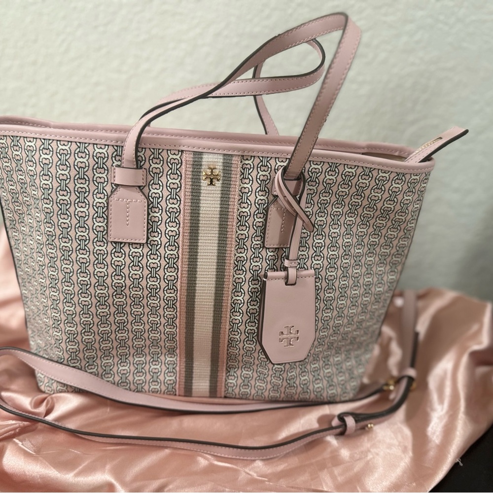 Tory Burch Pink Patterned Tote Handbag with Stripe Accent and cross body strap - Picture 11 of 13